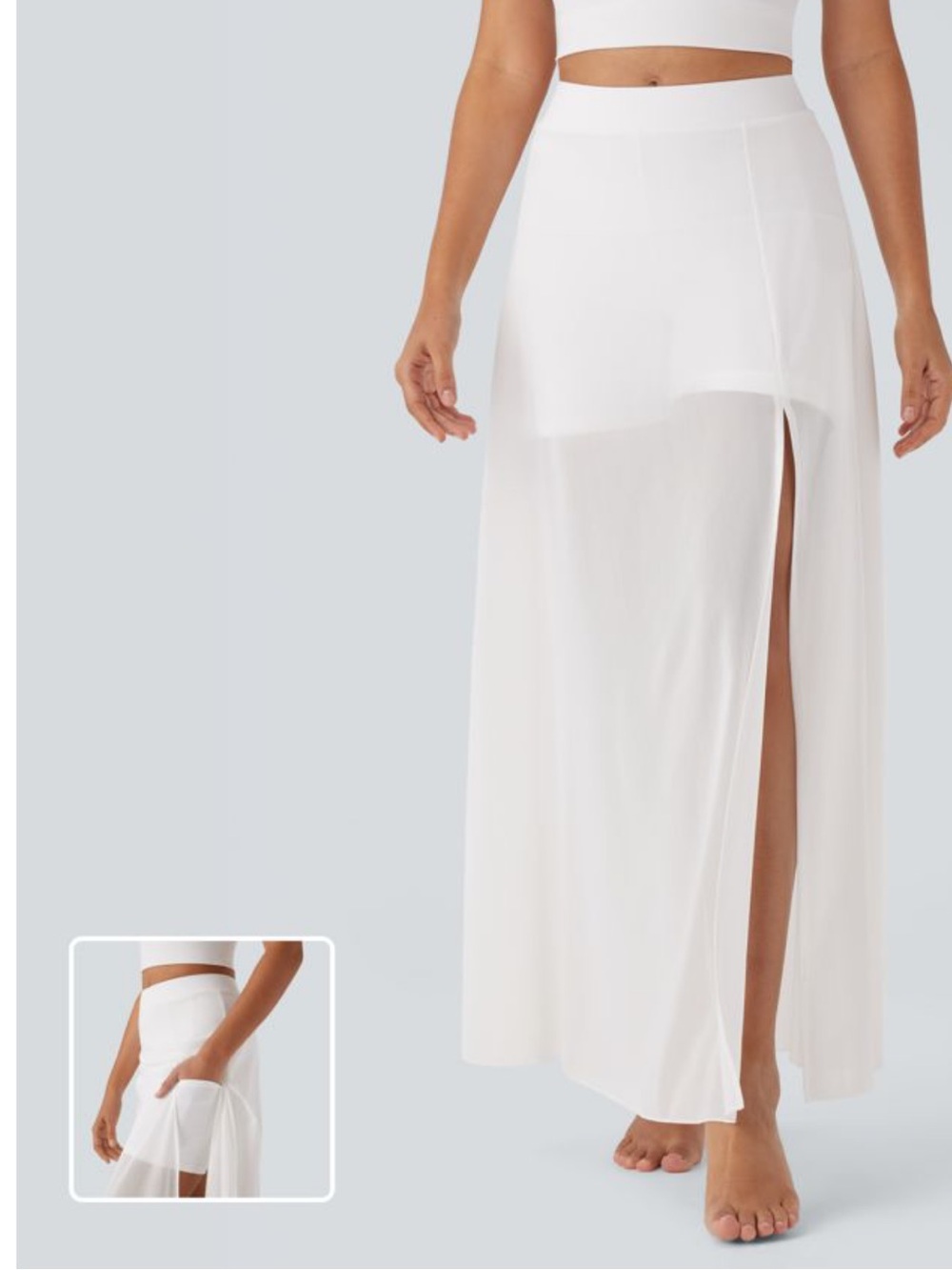 HALARA White Sheer Maxi Mid Rise   High Side Slit 2&1 Dance Skirt with  Pockets